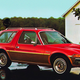 A photo of a red AMC Pacer wagon being loaded by a family.